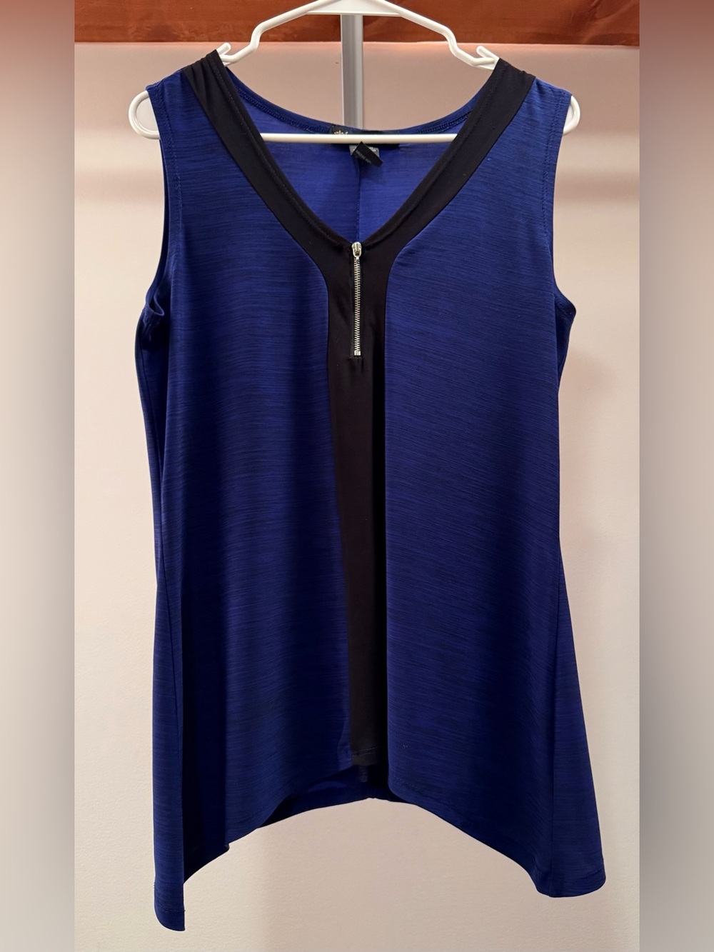 Suzie In The City Royal Blue Sleeveless V-Neck Tank with Black Trim & Zip